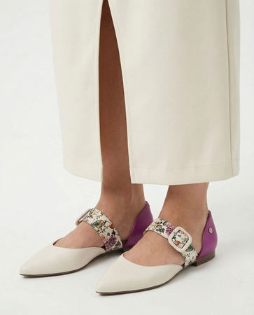 Maciejka Leather Mary Jane Flats With Floral Strap Pointed Toe Beige-Pink K7438-15/00-1