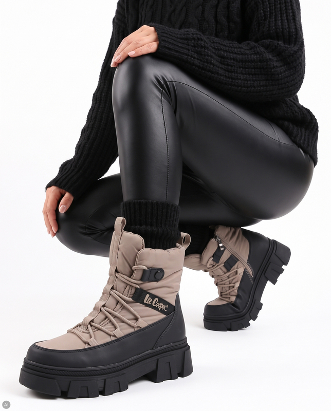 Lee Cooper Women Insulated Platform Snow Boots Lace-Up Ankle Boots Beige Black LCJ-26-01-4629LA