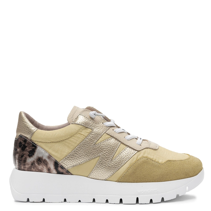 Wonders Gold-Accented Leather-Textile Sneakers On Platform Lightweight Multicolor Leopard A-24100-VANILA-PL