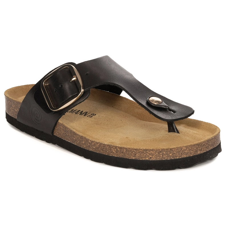 Dr. Brinkmann Leather Thong Adjustable Buckle Slides Comfort Black 700681-01