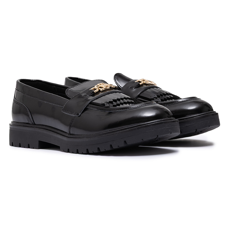 Tommy Hilfiger Patent Loafers Women’s Dress Flats Gold Logo Black T3A4-34011-1453999