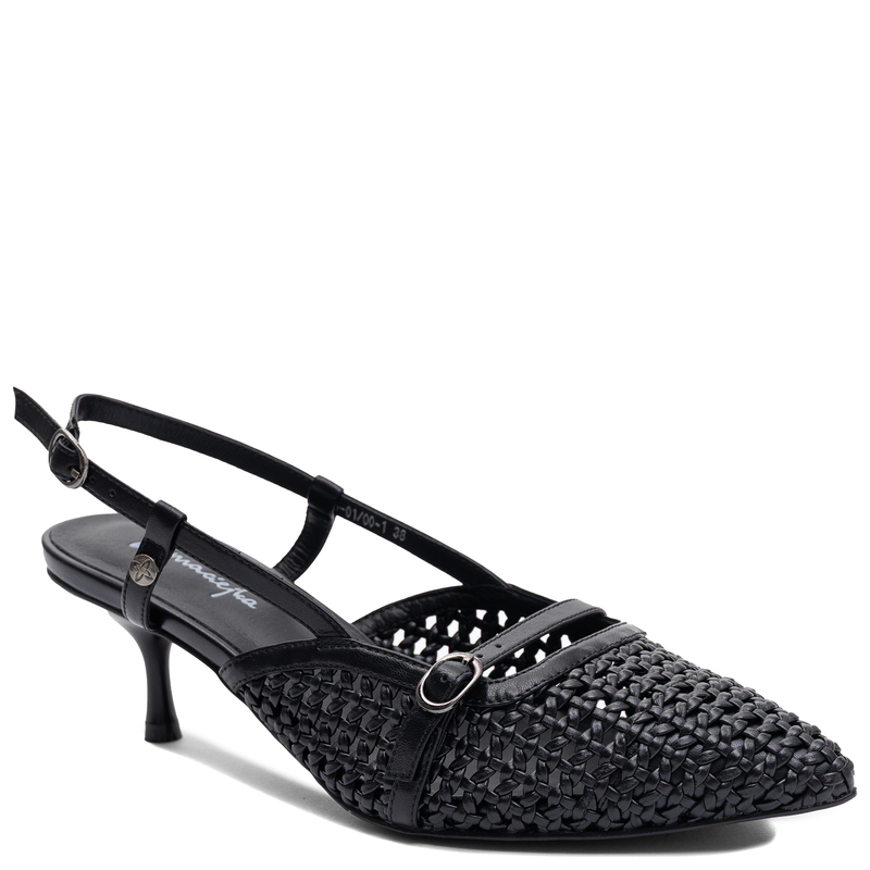 Maciejka Skórzane Plecione Czółenka Slingback na Szpilce Czarne K7446-01/00-1