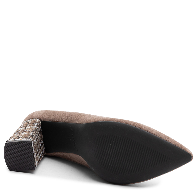 Sergio Leone Elegant Suede Pumps With Patterned Block Heel Light Brown PB216-JASNY-BRĄZ
