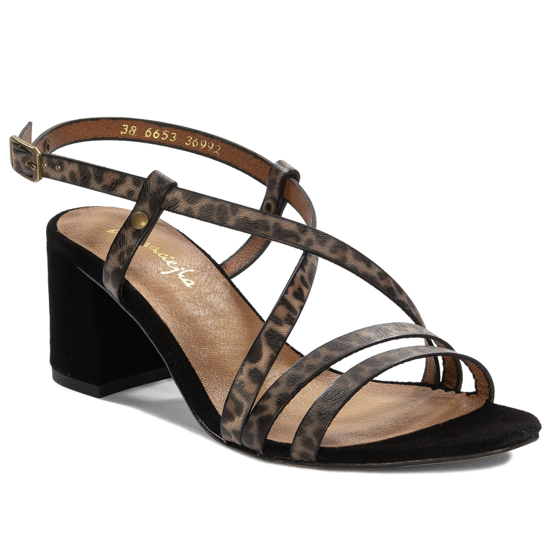 Maciejka Leather Block Heel Sandals Leopard Print Brown Black 06653-20/00-0