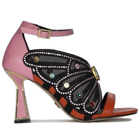 Sca'viola Sandały damskie z cyrkoniami na słupku Pink-Red