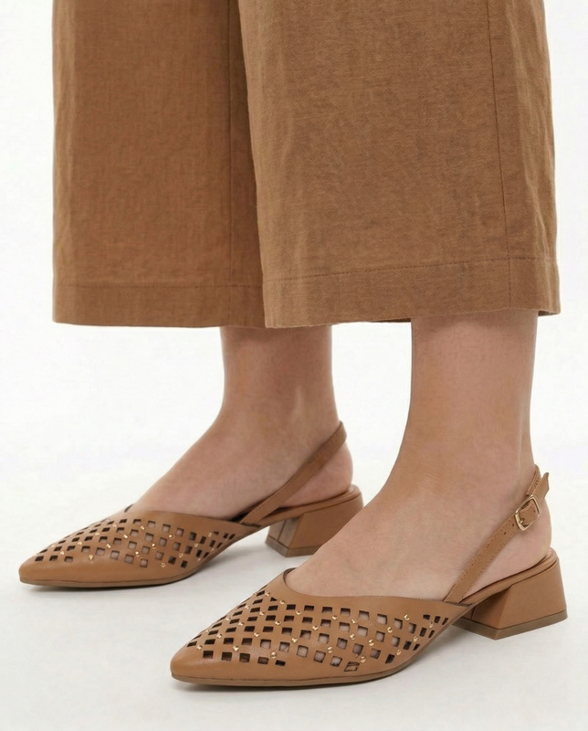 Gioseppo Leather Perforated Slingback Court Shoes Low Heel Tan 79015-LAGOS-TAN