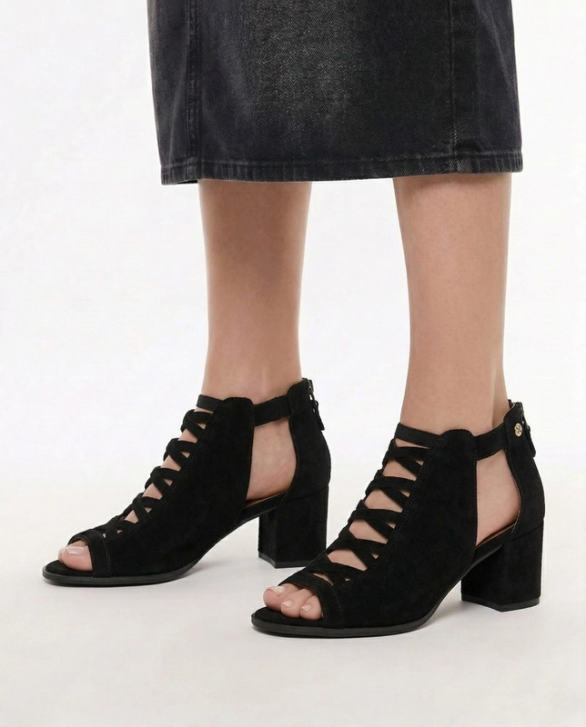 Maciejka Leather Cut-Out Block-Heel Ankle Boots with Open Toe Black 06456-01/00-5