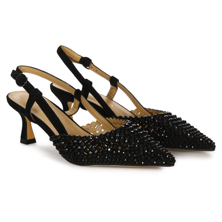 Alma En Pena Crystal-Embellished Slingback Sandals Pointed-Toe 6.5 cm Black V250662-SUEDE-BLA