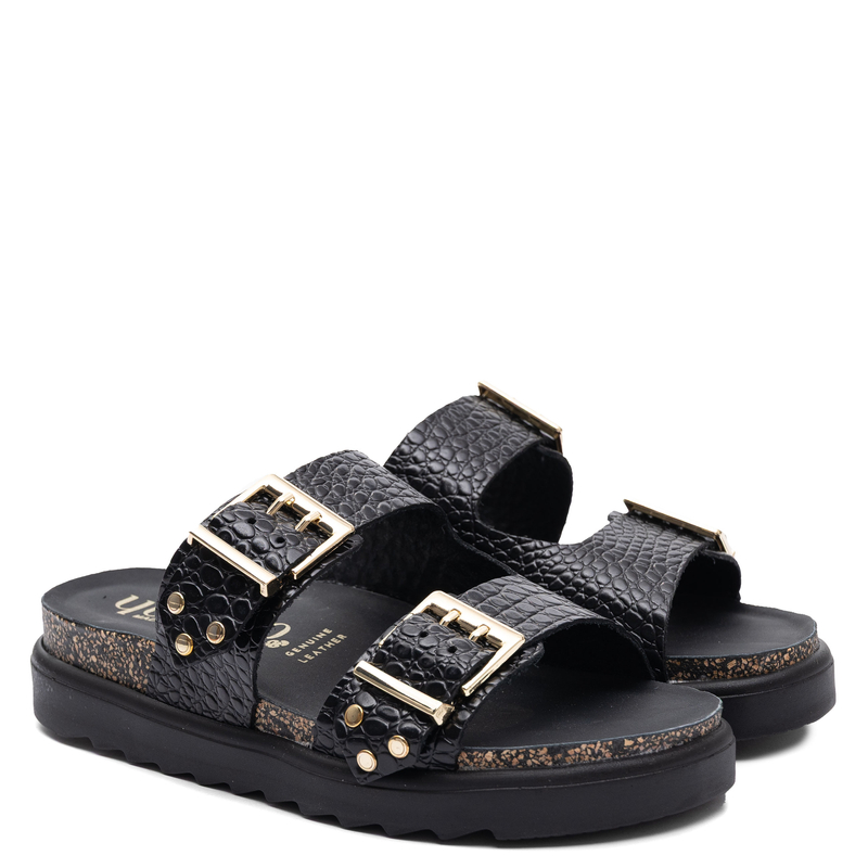 Yokono Tunez Women's Platform Slides Leather Crocodile Embossed Black TUNEZ-262-COC-NEG
