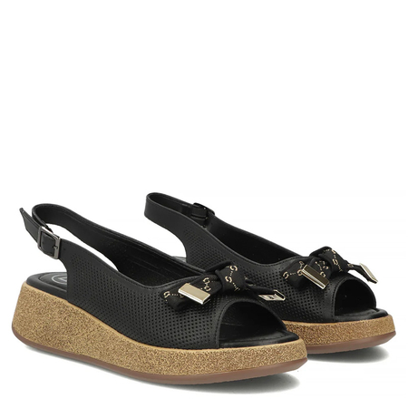 Filippo Perforated Leather Wedge Sandals With Bow Black DS7582-26-BK