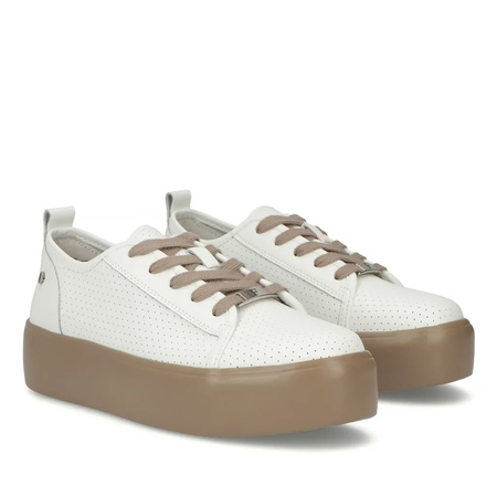 Filippo Leather Perforated Platform Sneakers White-Beige DP6116-26-WH-BE