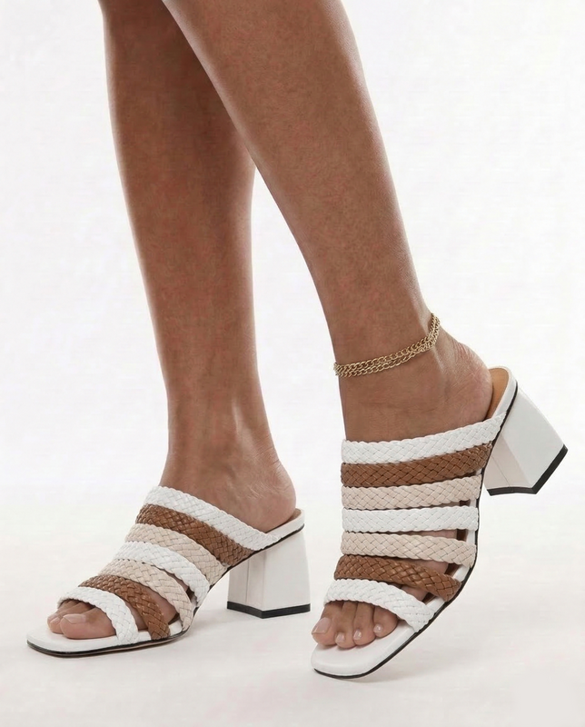 Maciejka Leather Braided Mules Block Heel 7 cm White-Brown K7526-11/00-1