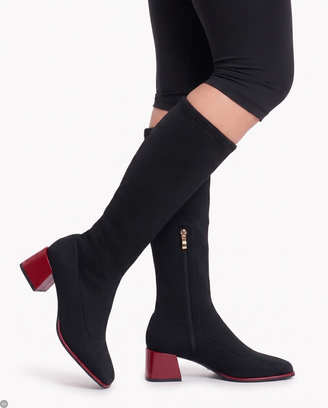 Gioseppo Trendy Stretch Sock Boots On Red Block Heel Black 80684-NEGRO
