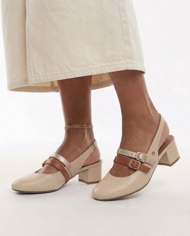 Maciejka Skórzane Czółenka Slingback na Słupku Beżowe K7475-04/00-1