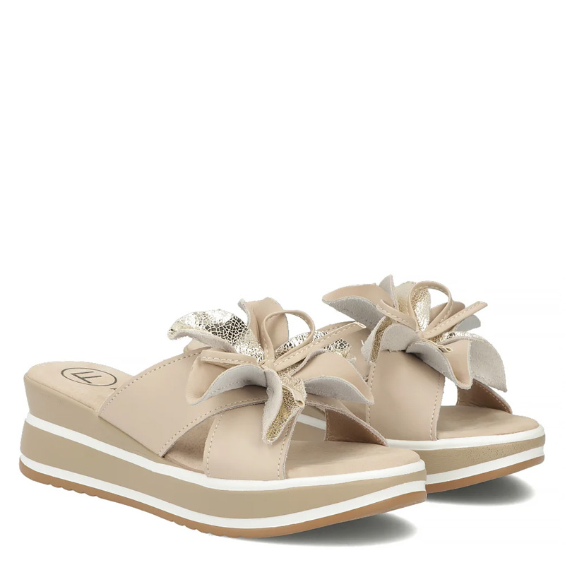 Filippo Leather Wedge Slides With Flower Beige DK7636-26-BE