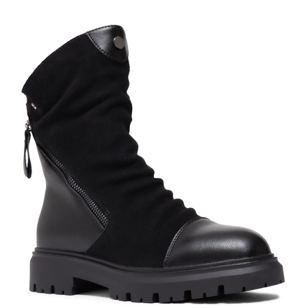 T. Sokolski Leather-Suede Ruched Ankle Boots Lug Sole Black HX-Z25-163-BLK