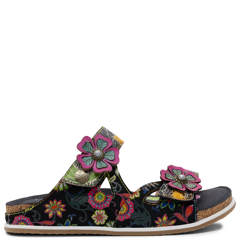 Laura Vita Leather Slide Sandals Women's Floral Appliqués Hook-And-Loop Black Multicolor BRCYANO-32-NOIR