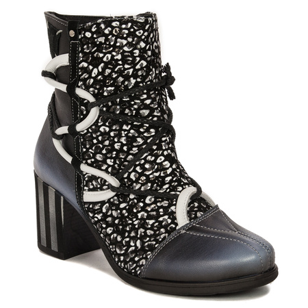 Maciejka Avant-Garde Leather Ankle Boots Block Heel Black Blue 05605-01/00-7