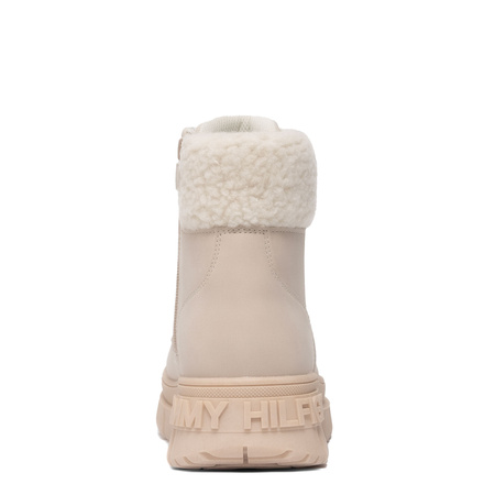 Tommy Hilfiger Lace-Up Women’s Boots Faux-Fur Collar Ankle Boots Side-Zip Beige T3A5-34043-BEIGE