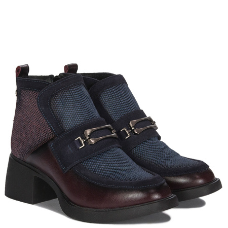 Maciejka Leather Two-Tone Block-Heel Ankle Boots With Side Zip Burgundy-Navy A6747-23/00-8