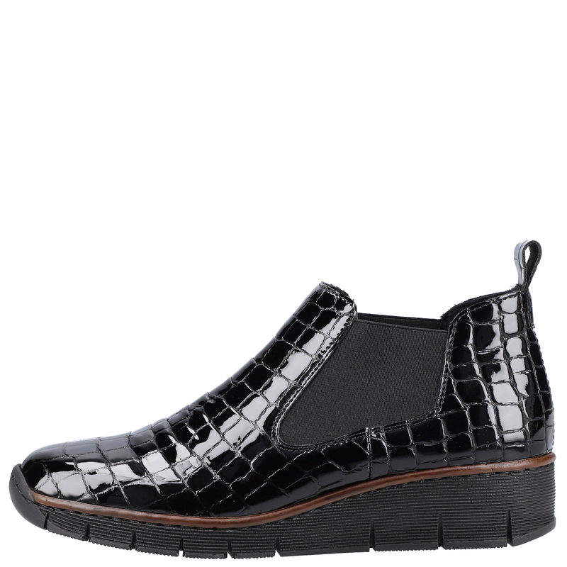 Rieker Patent Leather Wedge Low Boots Croco Black 53794-01-BLK