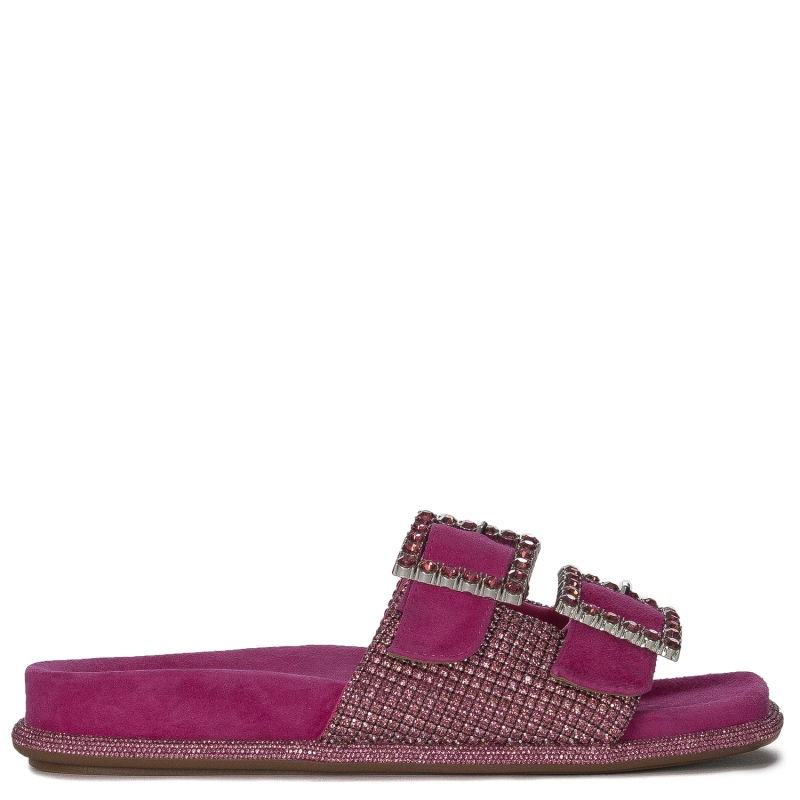 Alma El Pena Klapki damskie Suede Fuxia z cyrkoniami