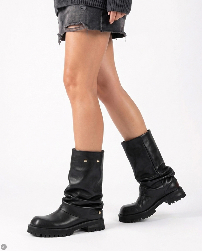 Maciejka Leather Slouchy Boots Flat Sole Black K7208-01/00-8