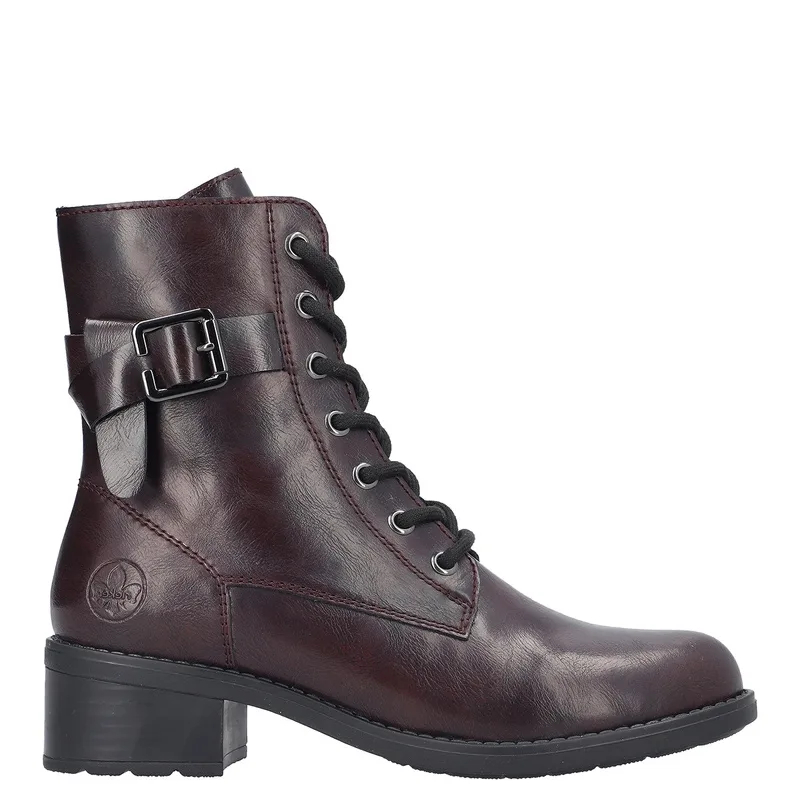 Rieker Lace-Up Ankle Boots Side-Zip Block Heel Burgundy 75431-35-RED