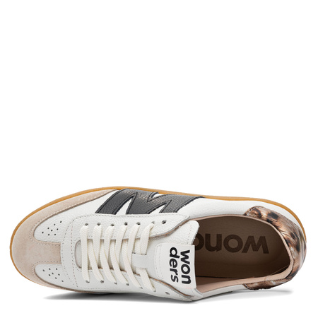Wonders Skórzane Retro Sneakersy Damskie z Panterkowym Zapiętkiem Biało-Czarno-Beżowe AP-2001-BEIGE-OFF