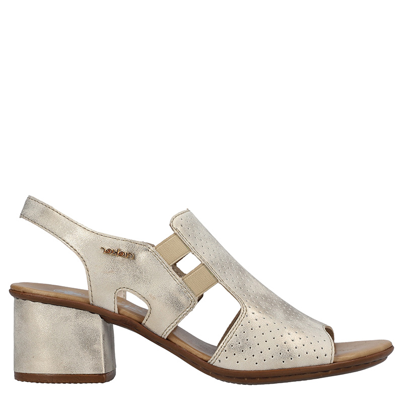 Rieker Leather Perforated Block Heel Sandals Metallic Beige 64665-60