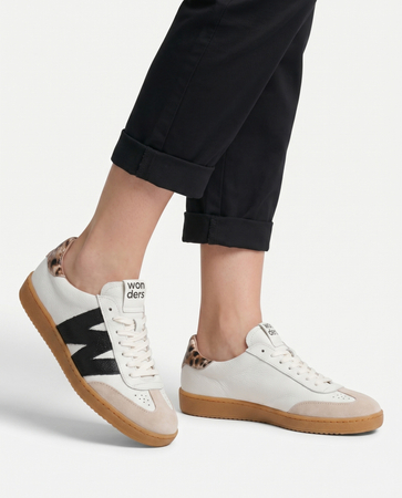 Wonders Retro Leather Women's Sneakers Leopard Heel Tab White-Black-Beige AP-2001-BEIGE-OFF