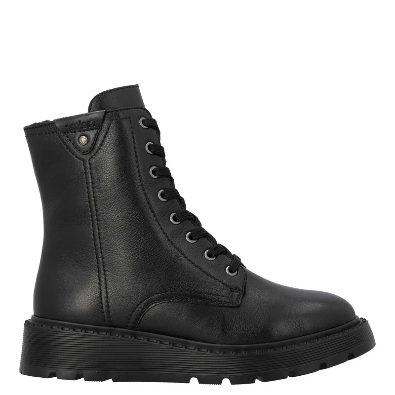 Rieker Leather Lace-Up Ankle Boots Platform Side-Zip Black 70408-00-BLACK