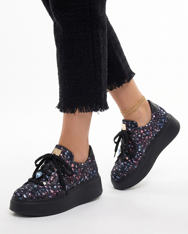 Maciejka Leather Platform Black Sneakers With Colourful Confetti Print 6191W-04/00-8