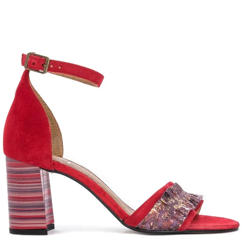Maciejka Elegant Suede Block Heel Sandals With Ruffle Red 04144-08/00-5