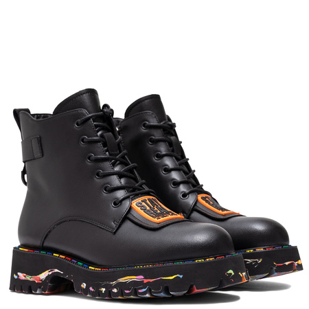 Artiker Botki Skórzane Na Platformie Damskie Z Kolorową Podeszwą Czarne 55C0516