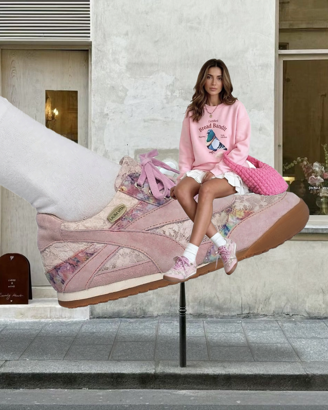 Laura Vita Skórzane Koronkowe Sneakersy Damskie Płaskie Różowe SL20258-3-ROSE