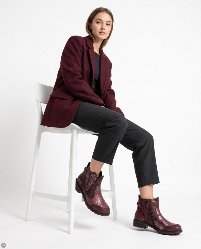 Maciejka Leather Flat Patterned Ankle Boots Burgundy 07006-23/00-8