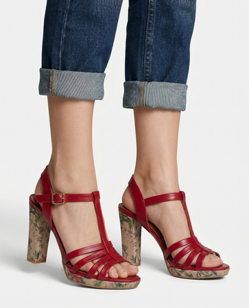 Maciejka Leather Floral Block Heel Sandals Red 06082-08-00-1
