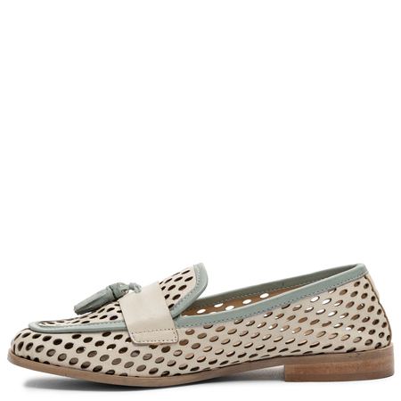 Maciejka Leather Openwork Slip-On Loafers with Tassels Beige-Green HJ760-09/00-1