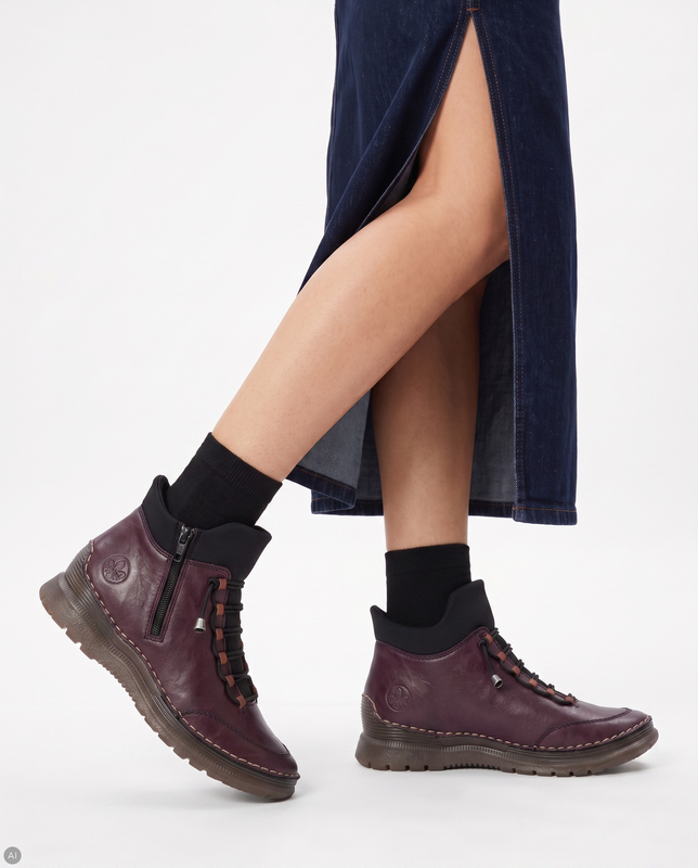 Rieker Comfortable Lace-Up Women's Ankle Boots Flat Burgundy 53650-30-RED