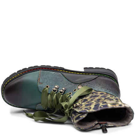 Laura Vita Women's Lace-Up Leather Ankle Boots Floral Khaki 0008183-KOU-MENT