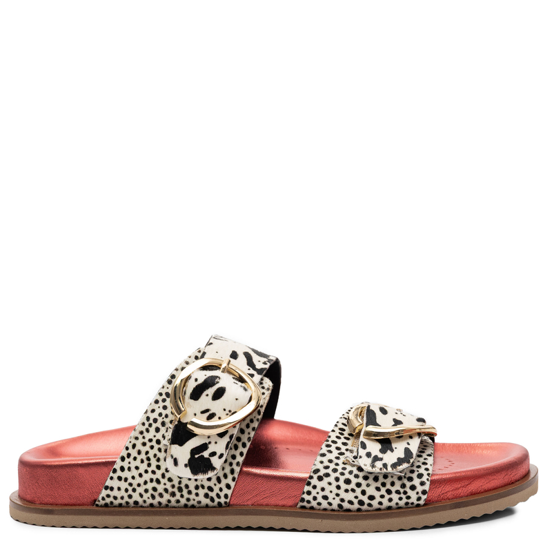Gioseppo Leather Double-Buckle Platform Slides 3 cm White-Black With Metallic Red Footbed 78025-CARNEY-RED