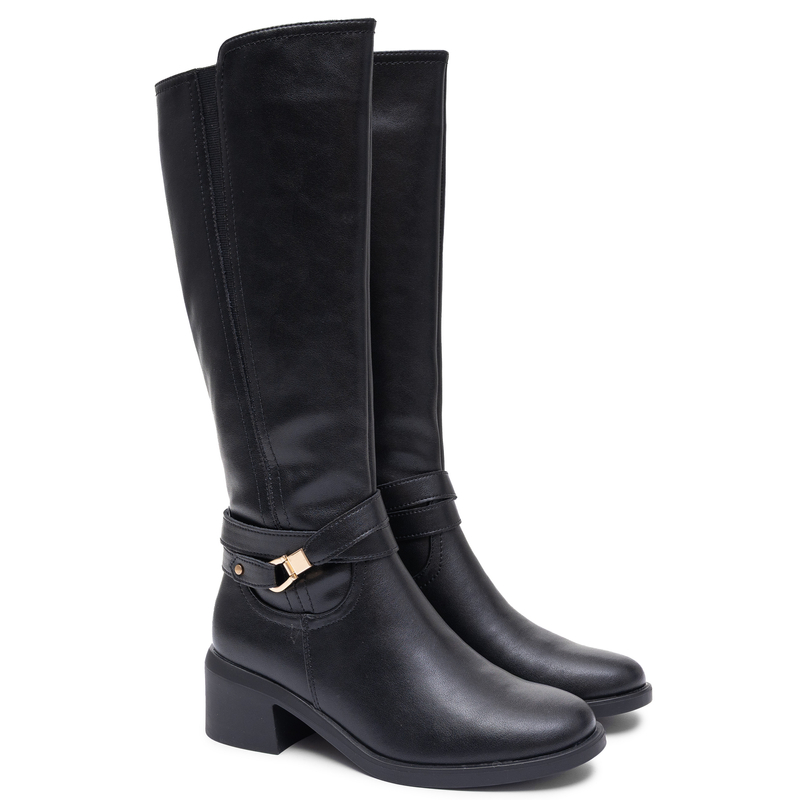 Sergio Leone Women Natural Leather Insulated Block Heel Knee-High Boots Black KZ-13-S-BLK