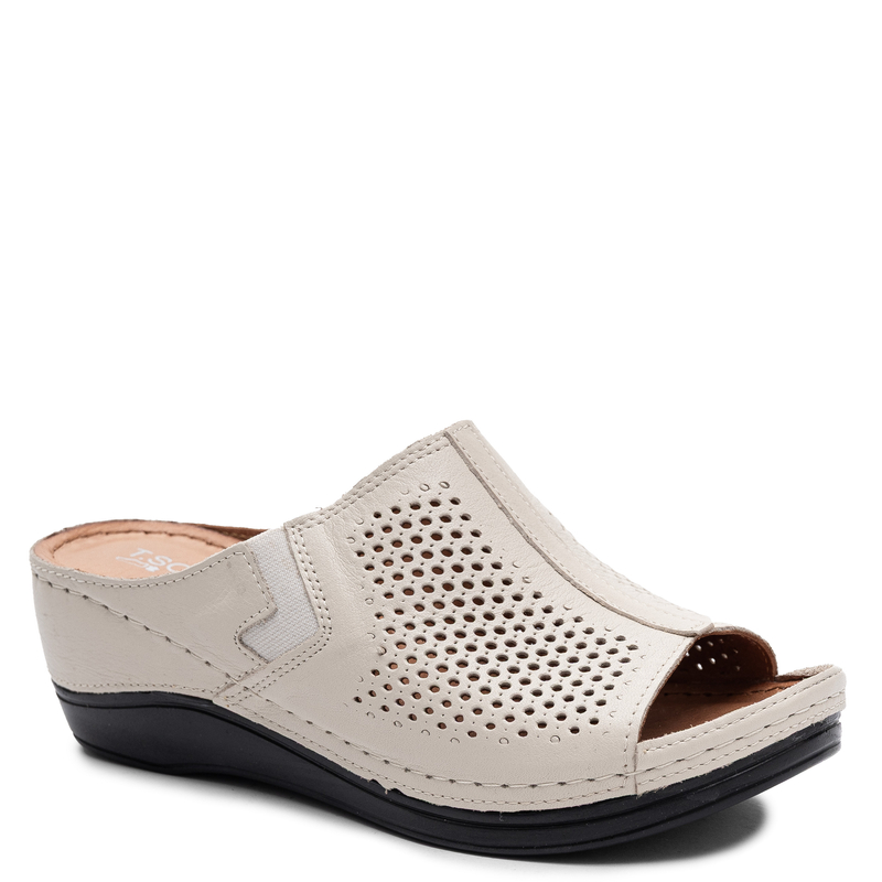 Sokolski Leather Openwork Wedge Slides Beige AMI-L26-157-BEIGE