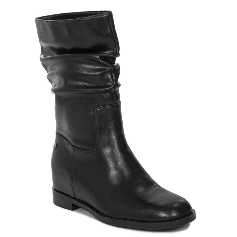 Maciejka Skórzane Marszczona Cholewka Botki Ukryty Koturn 6,5 cm Czarne K7211-01/00-8