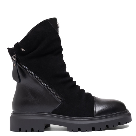 T. Sokolski Leather-Suede Ruched Ankle Boots Lug Sole Black HX-Z25-163-BLK