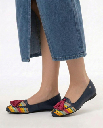 Maciejka Leather Multicolour Ballet Flats With Tassels Navy Blue 04016-17/00-5