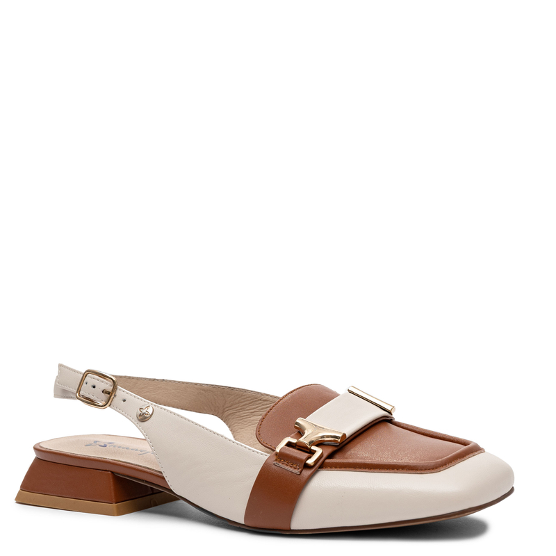 Maciejka Skórzane Półbuty Slingback Czółenka na Niskim Obcasie Beżowo-Brązowe K7441-04/00-1