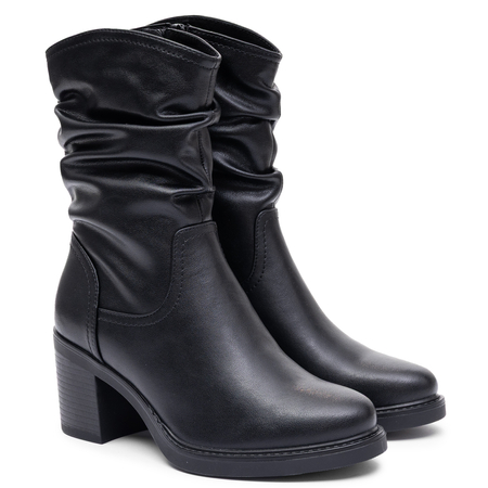 Sergio Leone Elegant Leather Slouchy Shaft Ankle Boots Block Heel Black BT-60-S-BLK