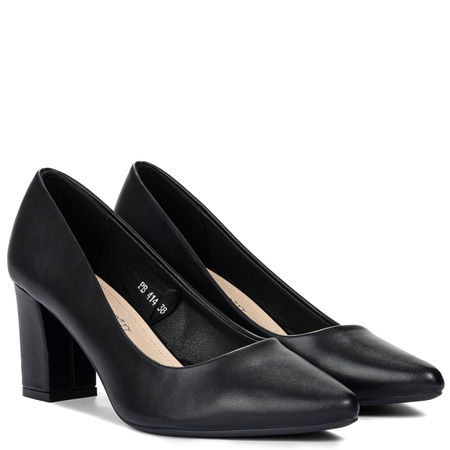 Sergio Leone Classic Block-Heel Pumps Almond Toe Black PB414 CZARNY PU